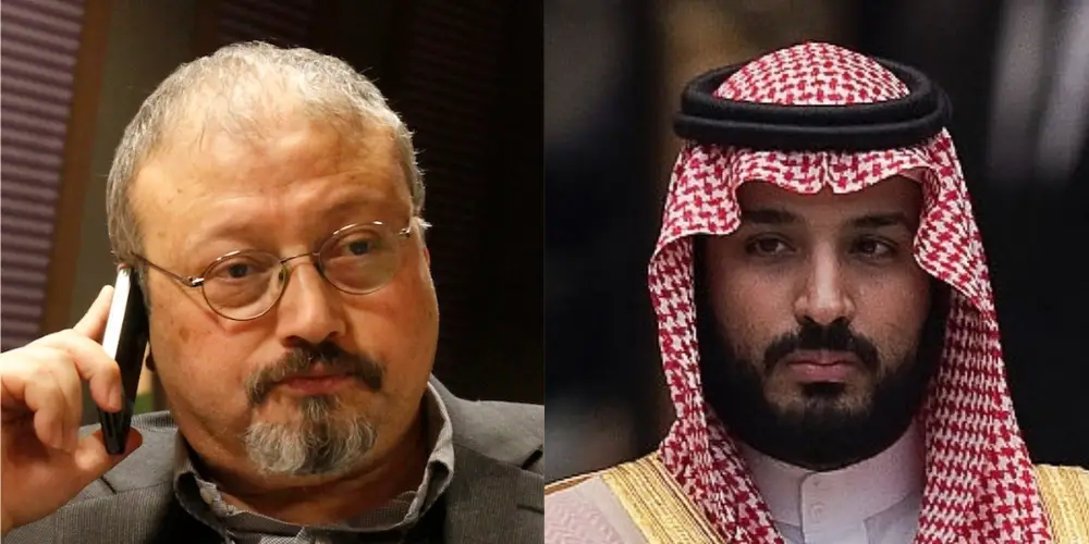 A composite image of Saudi journalist Jamal Khashoggi and Saudi Crown Prince Mohammed bin Salman. Associated Press/Virginia Mayo; Nicolas Asfouri - Pool/Getty